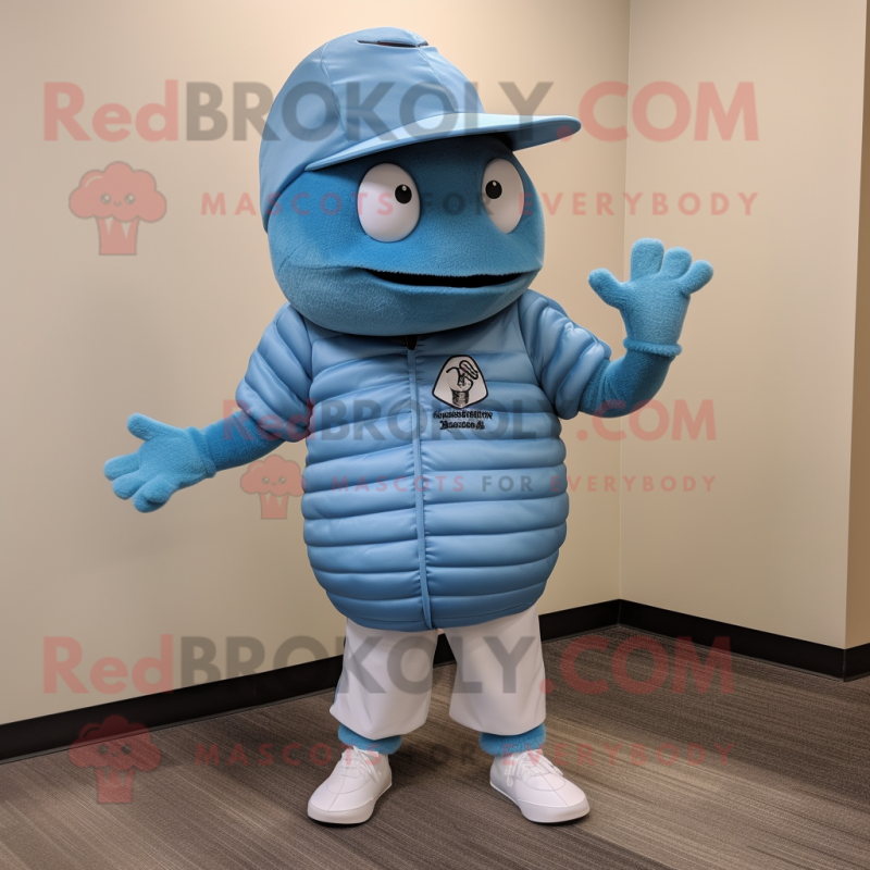 Sky Blue Trilobite mascot costume character dressed with a Baseball Tee and Hat pins