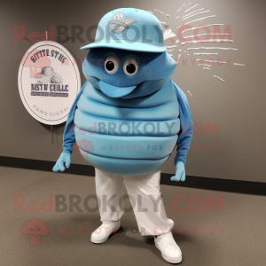 Sky Blue Trilobite mascot costume character dressed with a Baseball Tee and Hat pins