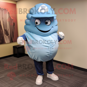 Sky Blue Trilobite mascot costume character dressed with a Baseball Tee and Hat pins