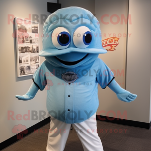 Sky Blue Trilobite mascot costume character dressed with a Baseball Tee and Hat pins