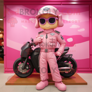 Pink Air Force Soldier mascot costume character dressed with a Biker Jacket and Coin purses