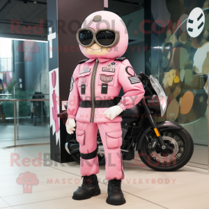 Pink Air Force Soldier mascot costume character dressed with a Biker Jacket and Coin purses