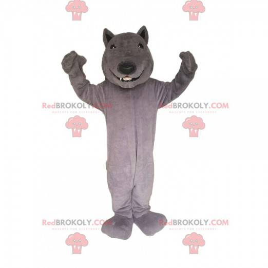 Graues Wolfsmaskottchen lächelnd. Wolfskostüm - Redbrokoly.com