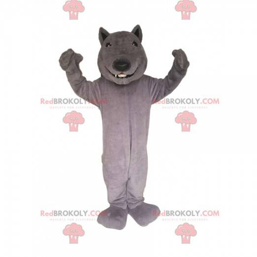 Mascotte de loup gris souriant. Costume de loup - Redbrokoly.com