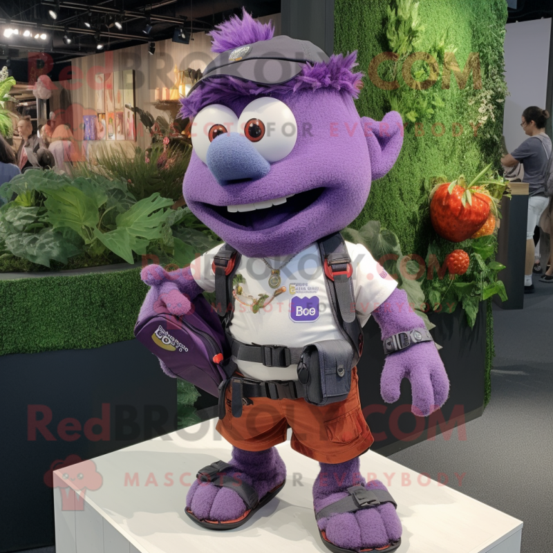 Purple Goulash mascot costume character dressed with a Cargo Shorts and Smartwatches Purple Goulash mascot costume character dressed with a Cargo Shorts and Smartwatches