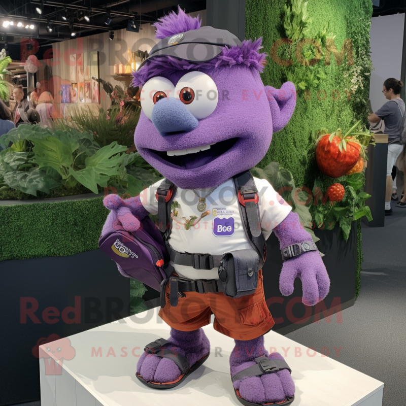 Purple Goulash mascot costume character dressed with a Cargo Shorts and Smartwatches