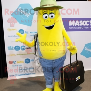 Yellow Zucchini mascot costume character dressed with a Chambray Shirt and Clutch bags