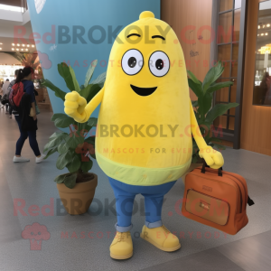 Yellow Zucchini mascot costume character dressed with a Chambray Shirt and Clutch bags