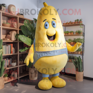 Yellow Zucchini mascot costume character dressed with a Chambray Shirt and Clutch bags
