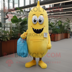 Yellow Zucchini mascot costume character dressed with a Chambray Shirt and Clutch bags