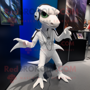 White Dimorphodon mascot costume character dressed with a Jumpsuit and Hair clips