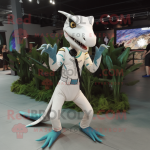White Dimorphodon mascot costume character dressed with a Jumpsuit and Hair clips