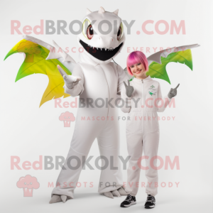 White Dimorphodon mascot costume character dressed with a Jumpsuit and Hair clips