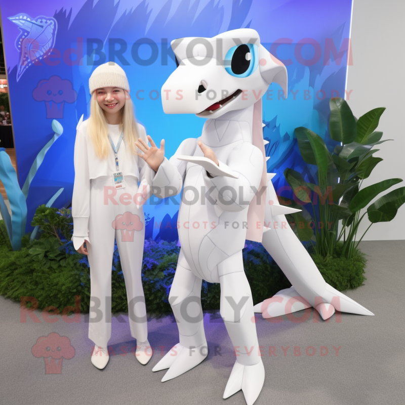 White Dimorphodon mascot costume character dressed with a Jumpsuit and Hair clips