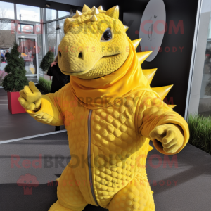 Lemon Yellow Ankylosaurus mascot costume character dressed with a Turtleneck and Shawl pins