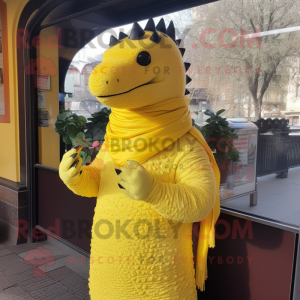 Lemon Yellow Ankylosaurus mascot costume character dressed with a Turtleneck and Shawl pins