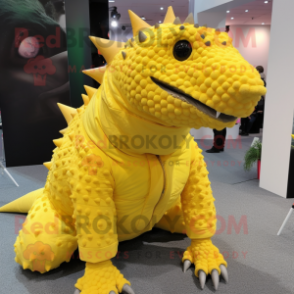 Lemon Yellow Ankylosaurus mascot costume character dressed with a Turtleneck and Shawl pins