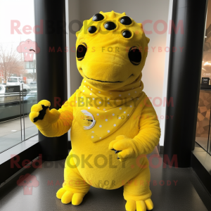 Lemon Yellow Ankylosaurus mascot costume character dressed with a Turtleneck and Shawl pins