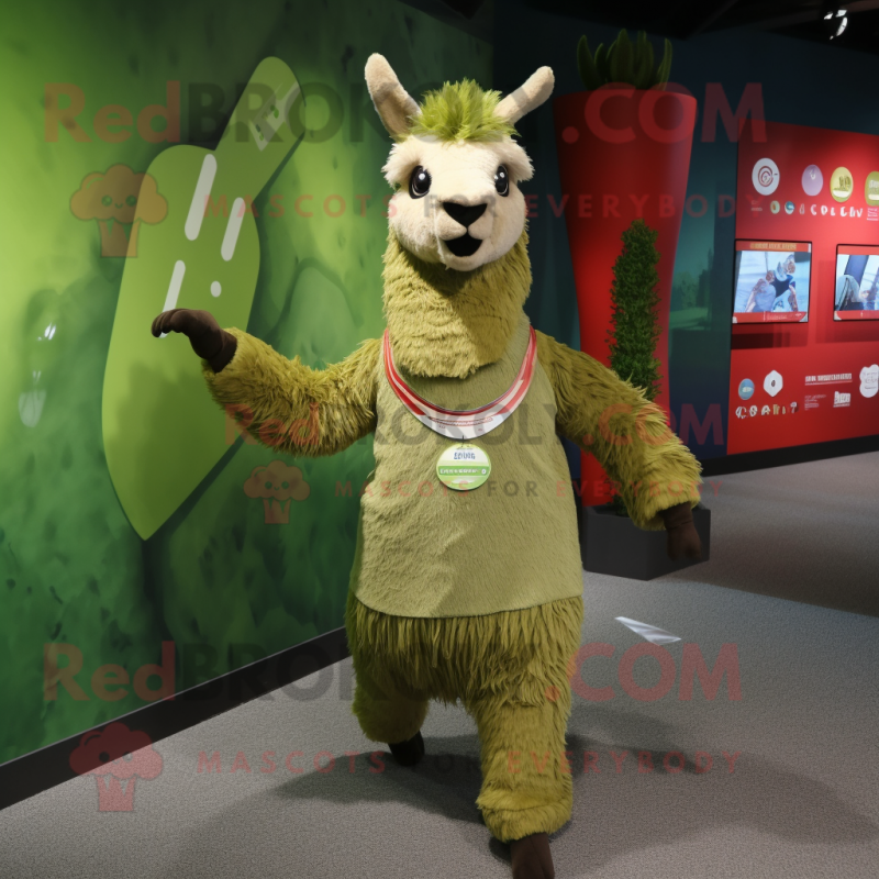 Olive Llama mascot costume character dressed with a Running Shorts and Bracelets