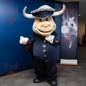 Navy Bull mascot costume character dressed with a Pleated Skirt and Hat pins