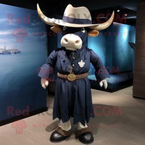 Navy Bull mascot costume character dressed with a Pleated Skirt and Hat pins