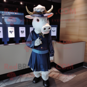 Navy Bull mascot costume character dressed with a Pleated Skirt and Hat pins