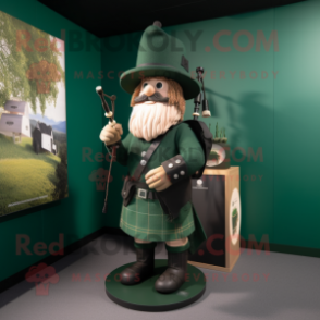 Forest Green Bagpipe mascot costume character dressed with a Culottes and Cufflinks