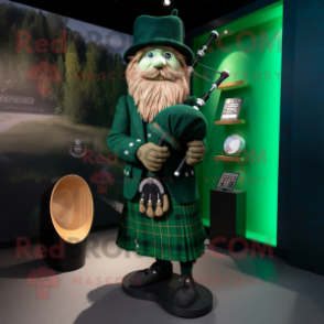 Forest Green Bagpipe mascot costume character dressed with a Culottes and Cufflinks