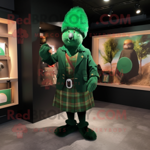 Forest Green Bagpipe mascot costume character dressed with a Culottes and Cufflinks