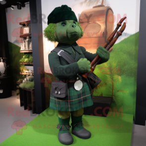 Forest Green Bagpipe mascot costume character dressed with a Culottes and Cufflinks