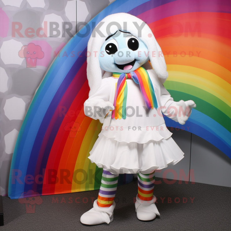 White Rainbow mascot costume character dressed with a Mini Skirt and Scarf clips White Rainbow mascot costume character dressed with a Mini Skirt and Scarf clips