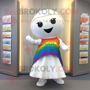 White Rainbow mascot costume character dressed with a Mini Skirt and Scarf clips
