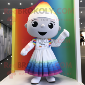 White Rainbow mascot costume character dressed with a Mini Skirt and Scarf clips