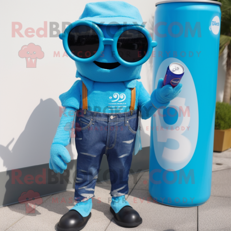 Turquoise Soda Can mascot costume character dressed with a Dungarees and Sunglasses Turquoise Soda Can mascot costume character dressed with a Dungarees and Sunglasses