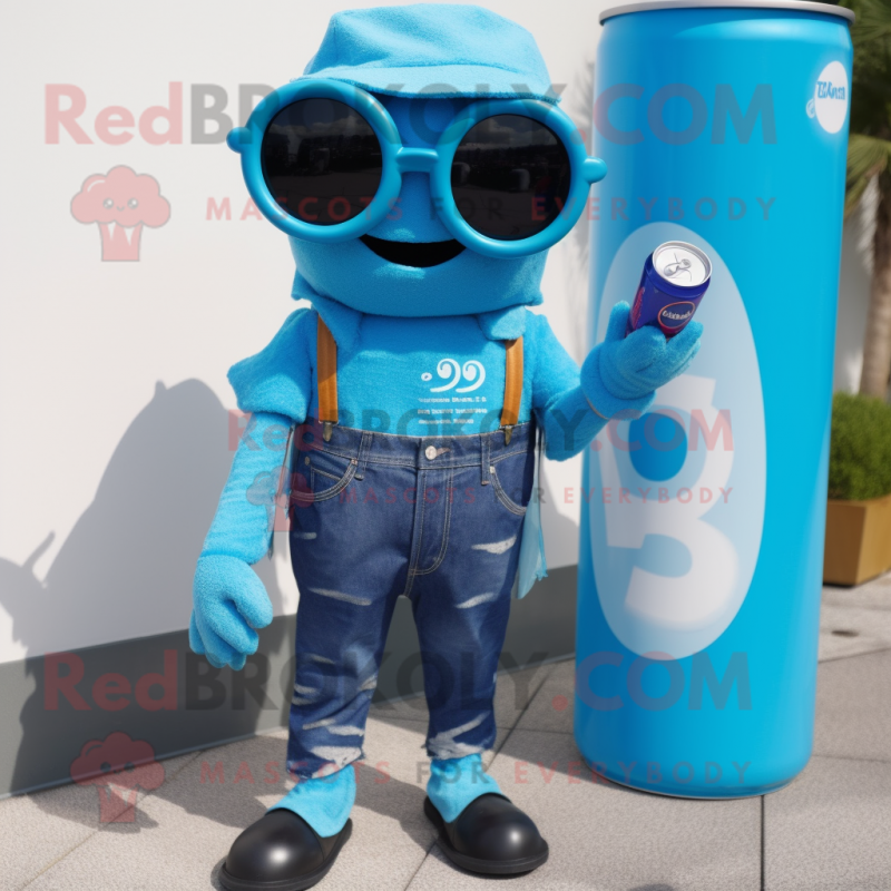 Turquoise Soda Can mascot costume character dressed with a Dungarees and Sunglasses