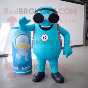 Turquoise Soda Can mascot costume character dressed with a Dungarees and Sunglasses