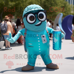 Turquoise Soda Can mascot costume character dressed with a Dungarees and Sunglasses