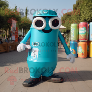 Turquoise Soda Can mascot costume character dressed with a Dungarees and Sunglasses