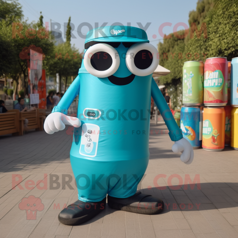 Turquoise Soda Can mascot costume character dressed with a Dungarees and Sunglasses Turquoise Soda Can mascot costume character dressed with a Dungarees and Sunglasses