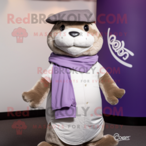 Lavender Otter mascot costume character dressed with a Henley Shirt and Scarf clips