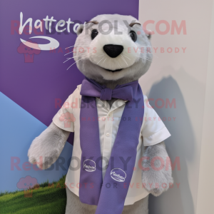 Lavender Otter mascot costume character dressed with a Henley Shirt and Scarf clips