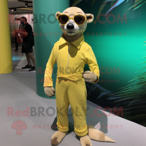 Lemon Yellow Thylacosmilus mascot costume character dressed with a Swimwear and Sunglasses
