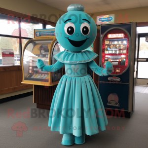 Teal Gumball Machine mascot costume character dressed with a Dress and Shawl pins