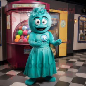 Teal Gumball Machine mascot costume character dressed with a Dress and Shawl pins