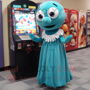 Teal Gumball Machine mascot costume character dressed with a Dress and Shawl pins