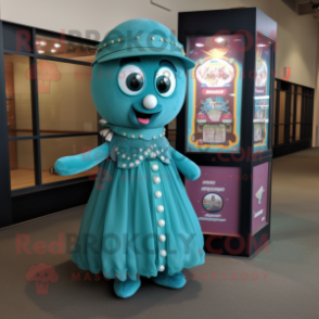 Teal Gumball Machine mascot costume character dressed with a Dress and Shawl pins