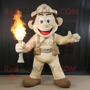 Beige Fire Eater mascot costume character dressed with a Cargo Shorts and Suspenders