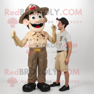 Beige Fire Eater mascot costume character dressed with a Cargo Shorts and Suspenders