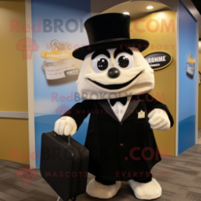 Cream Attorney mascot costume character dressed with a Tuxedo and Backpacks