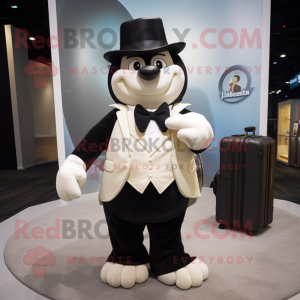 Cream Attorney mascot costume character dressed with a Tuxedo and Backpacks